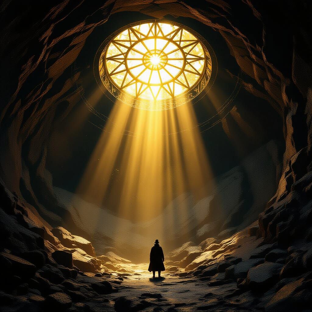 Golden Sunlight Through Arcane Crystal Lens in Dark Cavern