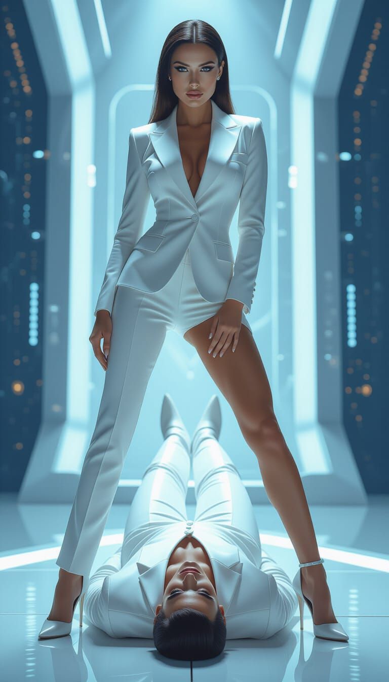 Futuristic Woman Dominates Man in Hyperrealistic Digital Pai...