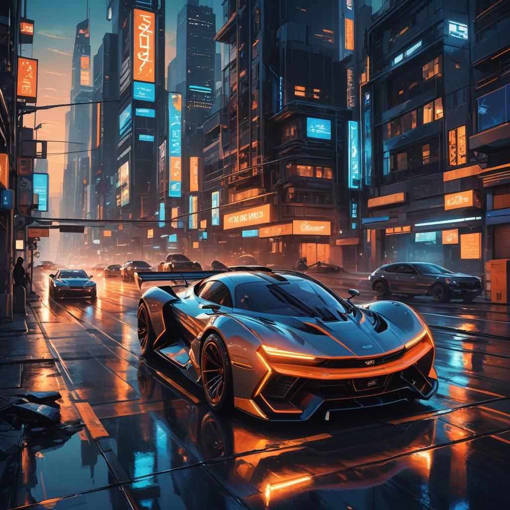 Neon Racing Car in Futuristic Cityscape