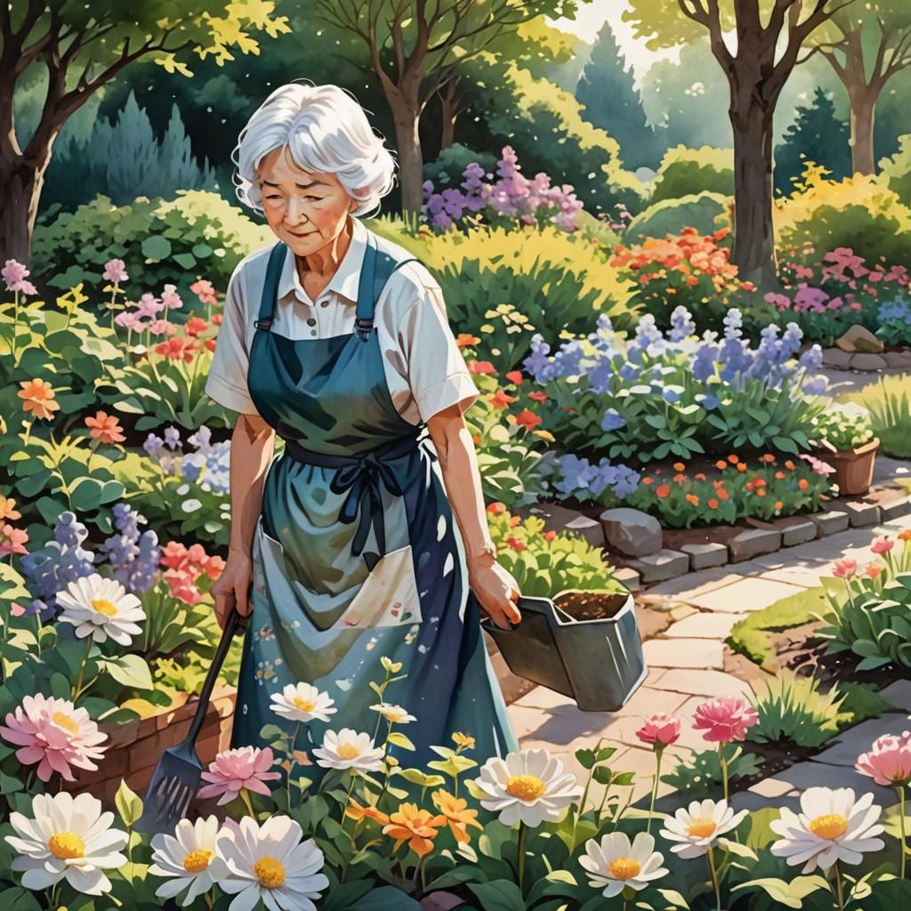 Anime Grandmother Gardening in Sunlight: Manga Illustration