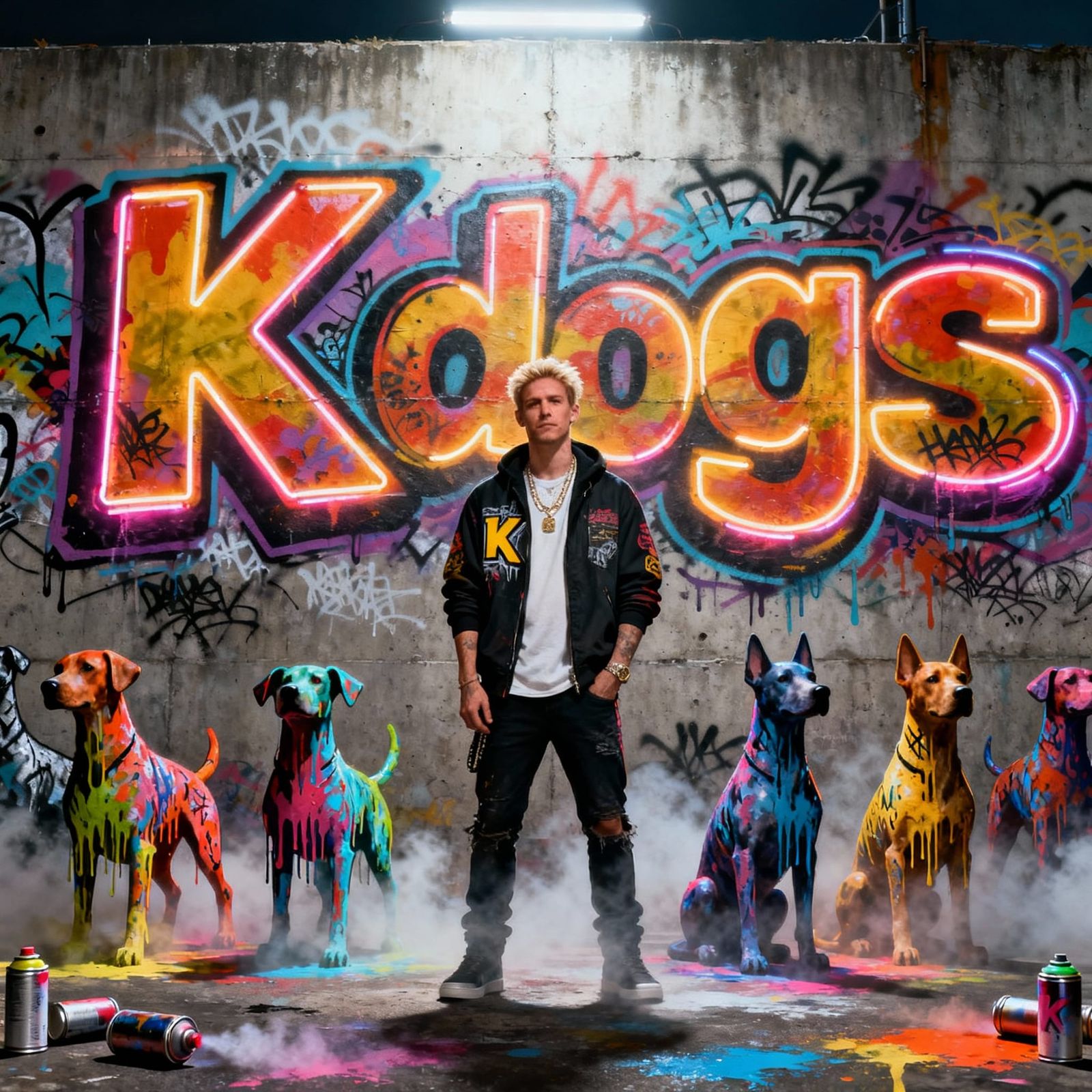 Urban Rapper K with Graffiti Dogs in Vibrant Street Art Styl...