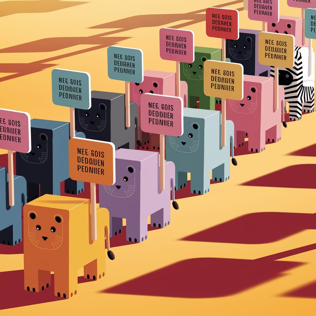 Vibrant Digital Art of Square-Shaped Animals Marching in Whi...