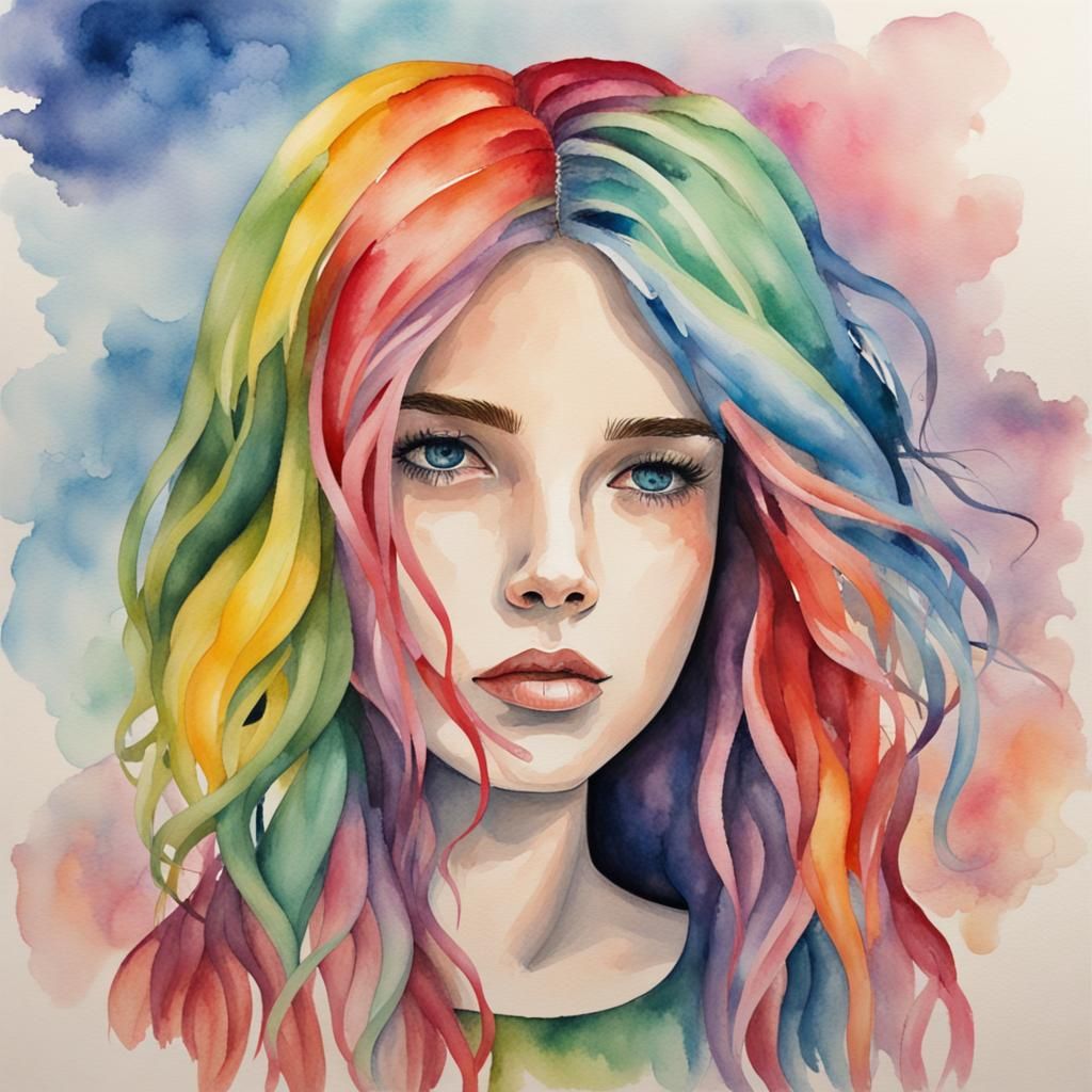 Watercolor Girl with Rainbow Hair, Abstract Art