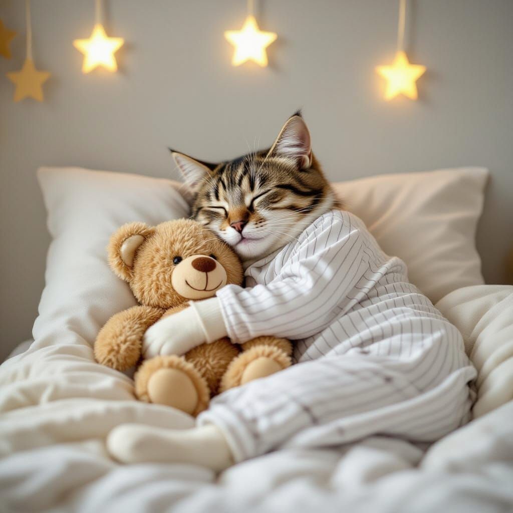 Cat Nap: Pajama Cat with Teddy Bear