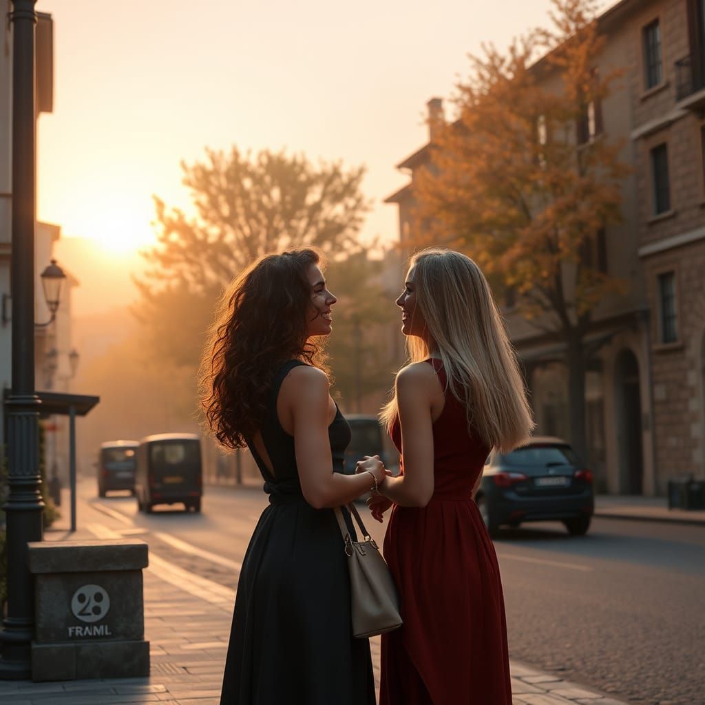 Italian Girls Await Bus in Autumn Sunrise