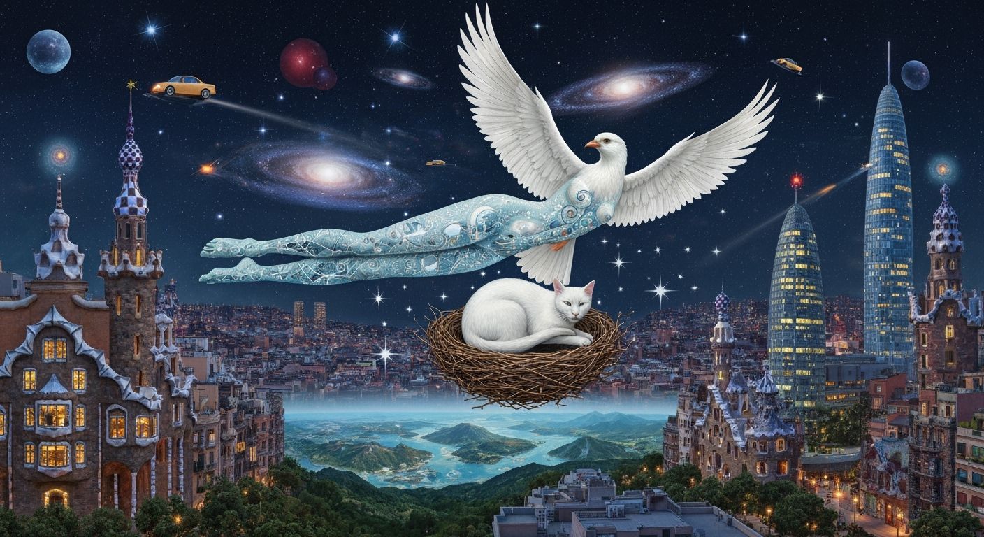 Bioluminescent Figure in Surreal Gaudí Cityscape at Night