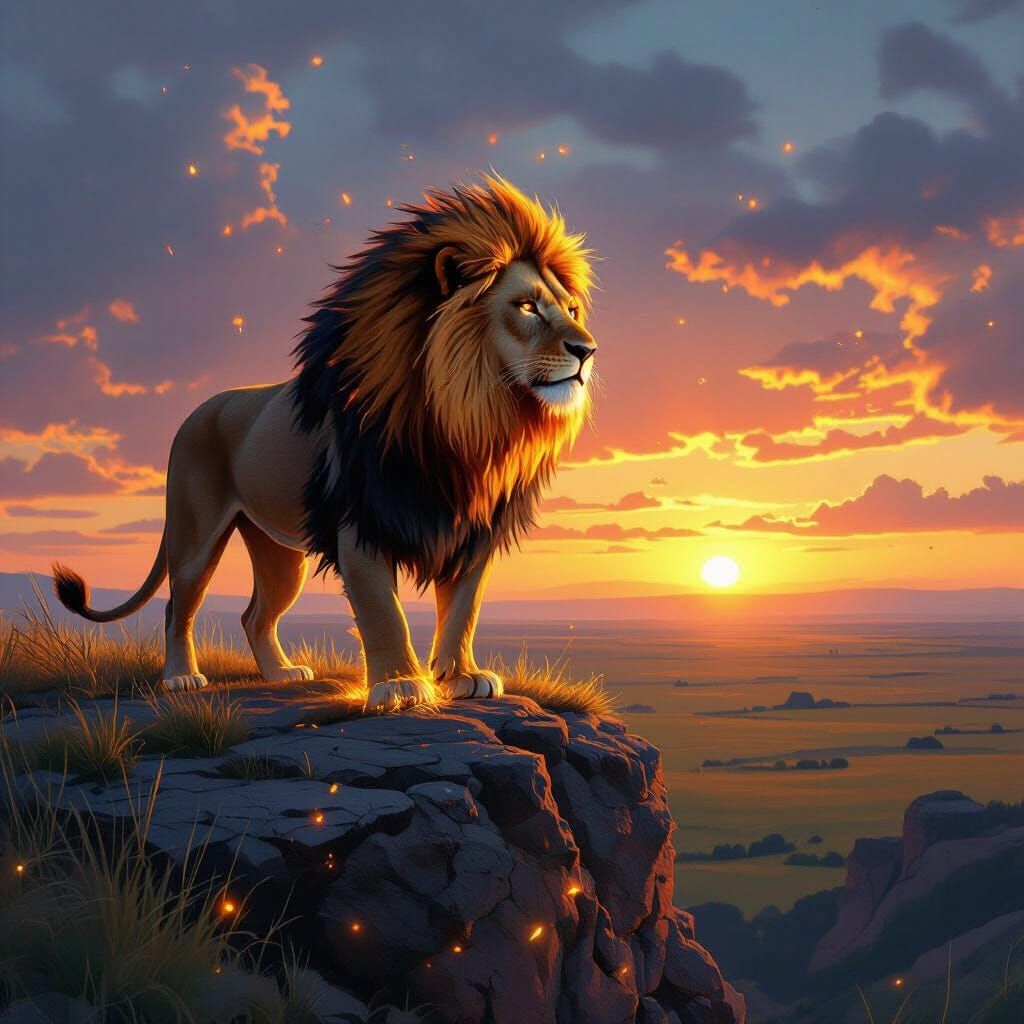 Fiery Lion Overlooking Sunset Plain as Digital Art