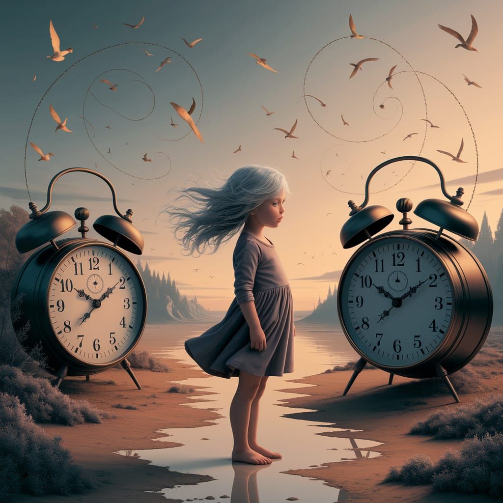 Surreal Girl in Dali-Inspired Time-Reversal Landscape