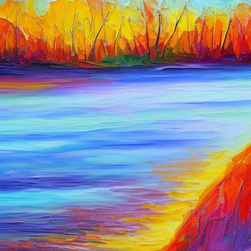 Riverside Scene in Expressionist Oil Painting Style