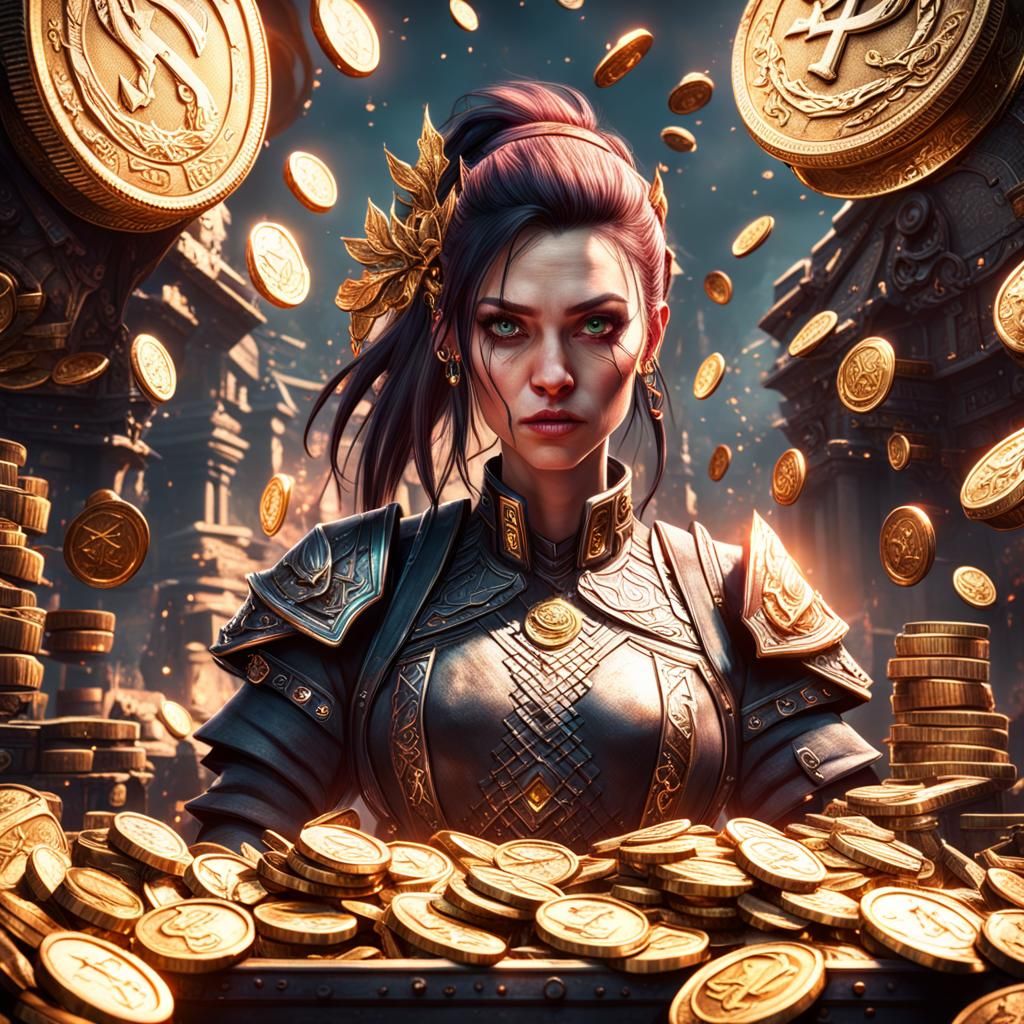 Gamer Girl Surrounded by Coins, Detailed Matte Painting