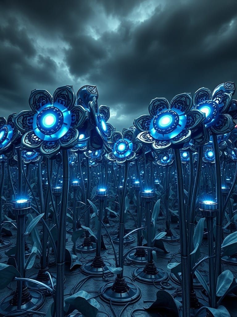 Ethereal Cyberpunk Garden with Mechanical Flowers