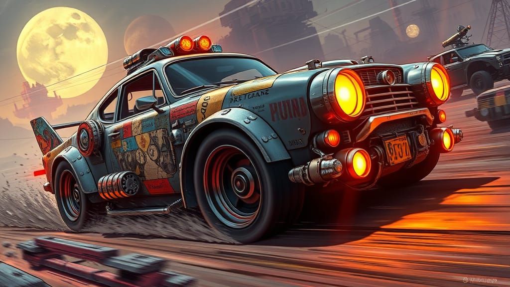 Futuristic Salvaged Car Races Through Neon Wasteland
