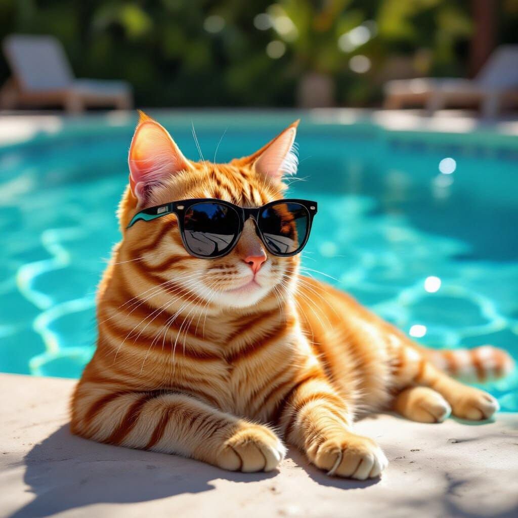Ginger Cat in Sunglasses Lounges by Pool in Pop Art Style