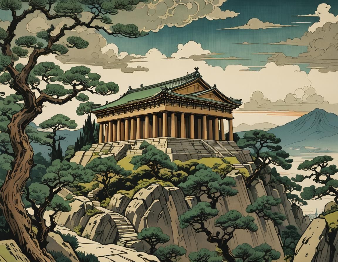 Greek Temple in Ukiyo-e Woodblock Style