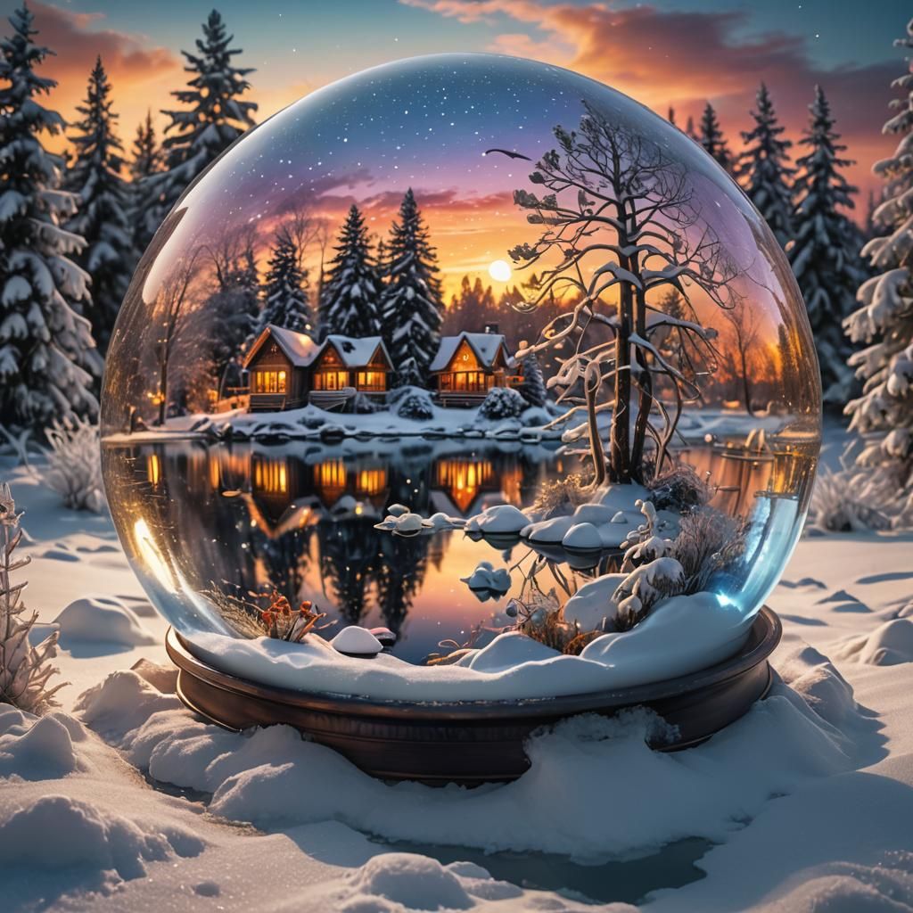 Snow globe The snowy winter wonderland lake reflections at sunset inside the snow globe double exposure