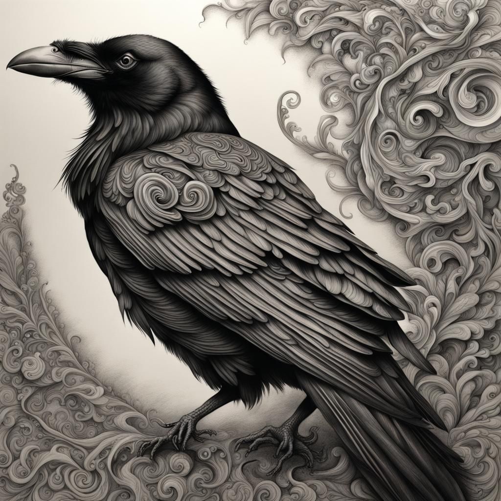 Hyperdetailed Line Art Raven Charcoal Drawing