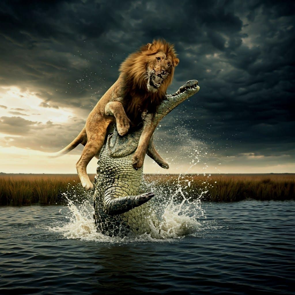 Giant Crocodile Captures Lion: Cinematic Film Still