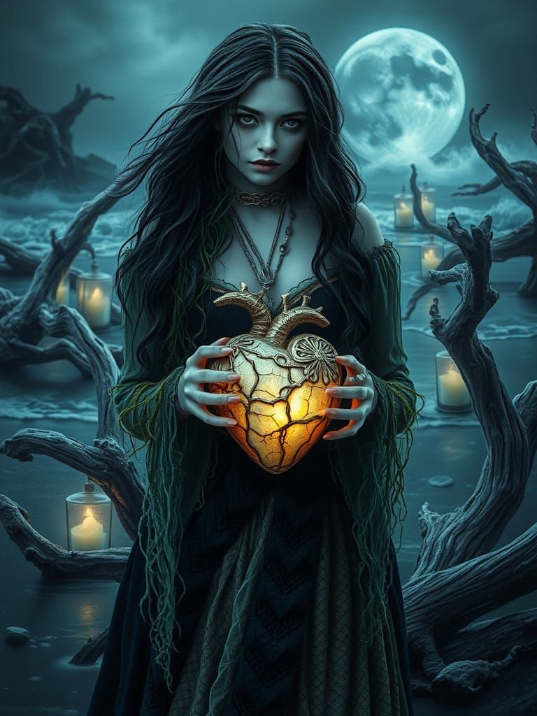 Eerie Siren with Glowing Heart on Moonlit Beach