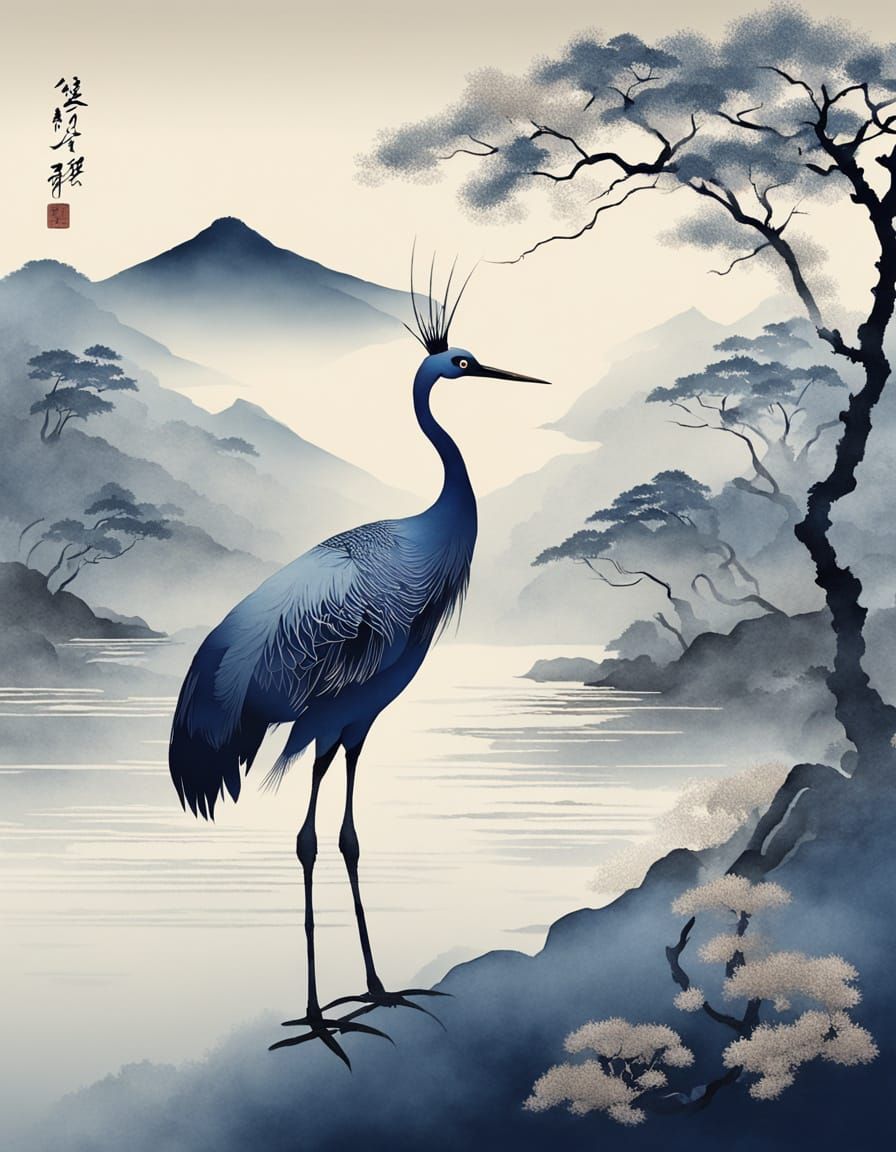 Elegant Oriental Crane in Indigo Blue Sumi-e Style
