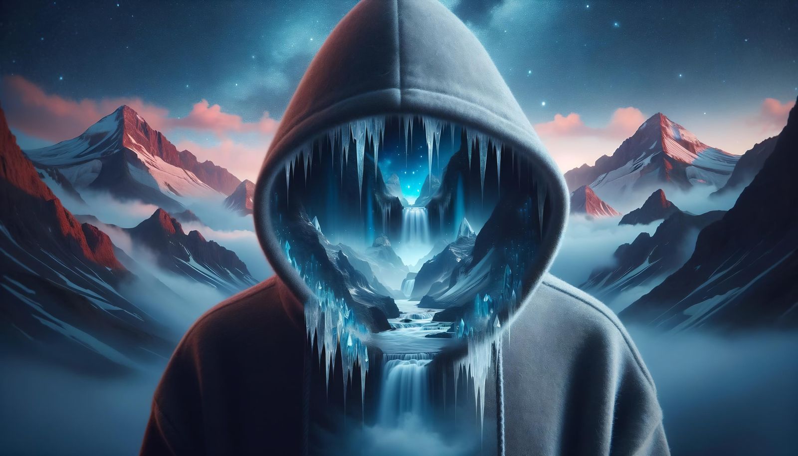 Surreal Figure in Dreamlike Mountain Landscape