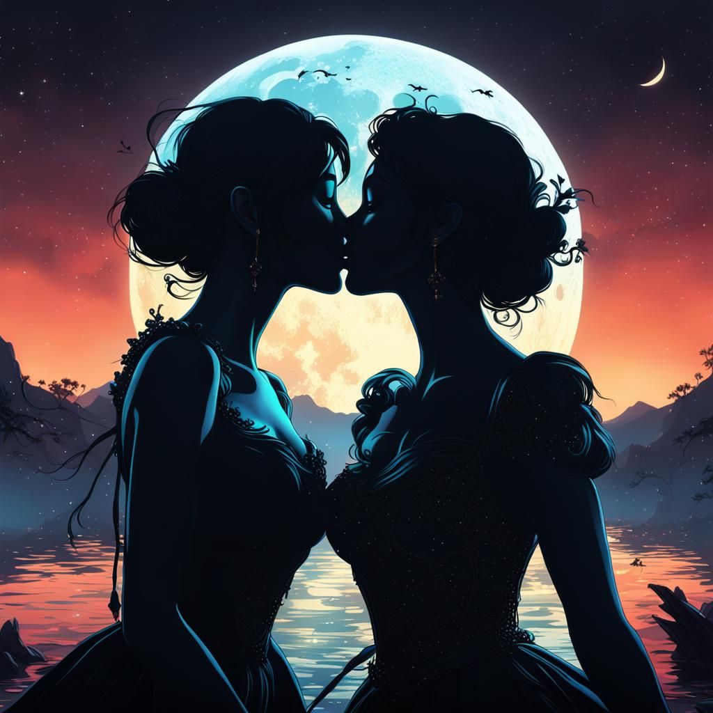 Girlfriends Kissing Silhouetted Under Midnight Moon