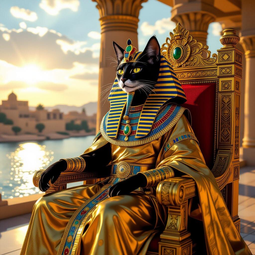 Egyptian Cat Pharaoh on Throne in Grand Palace