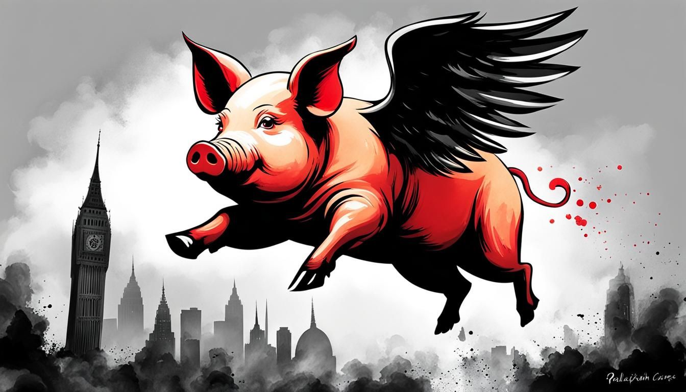Winged Pig Political Sign in Ink Painting Style