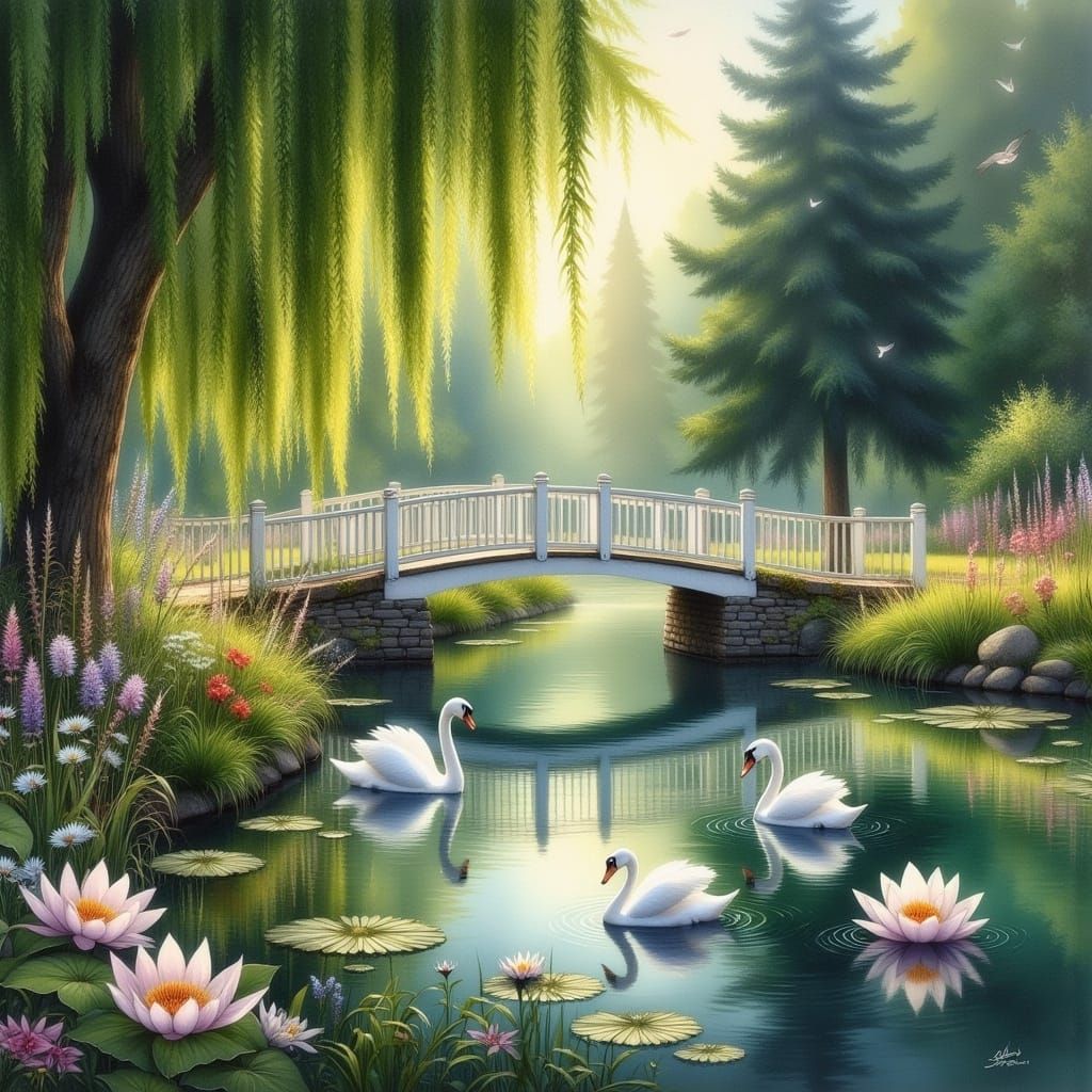 Romantic Park with Swans in Watercolor Style