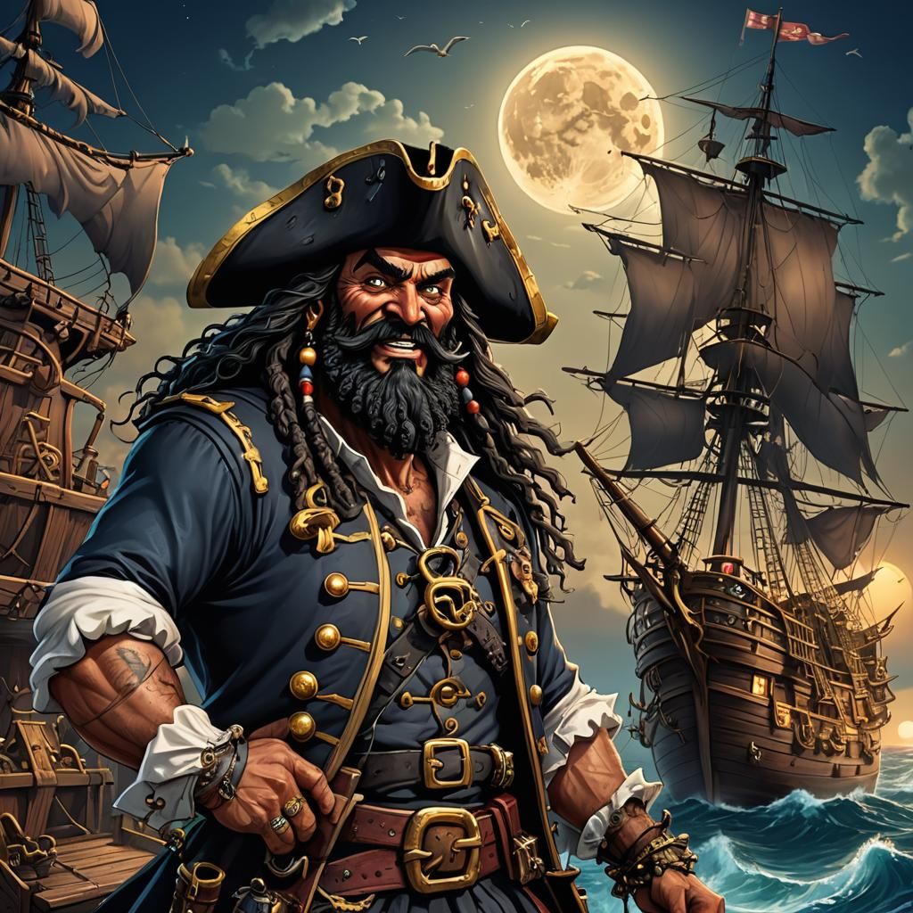 Detailed Caricature of Blackbeard with Pirate Galleon