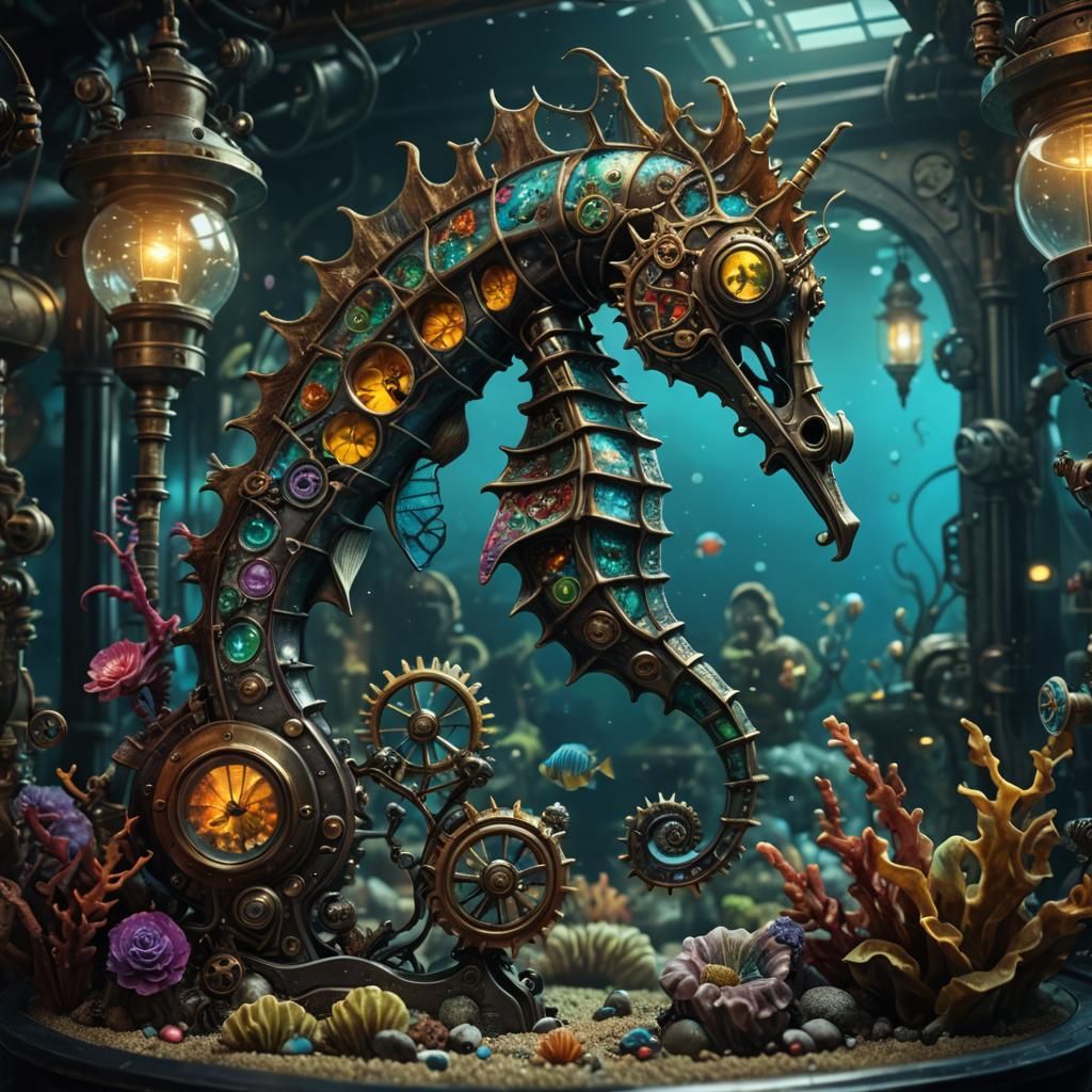 Steampunk Seahorse Aquarium with Alien Fauna