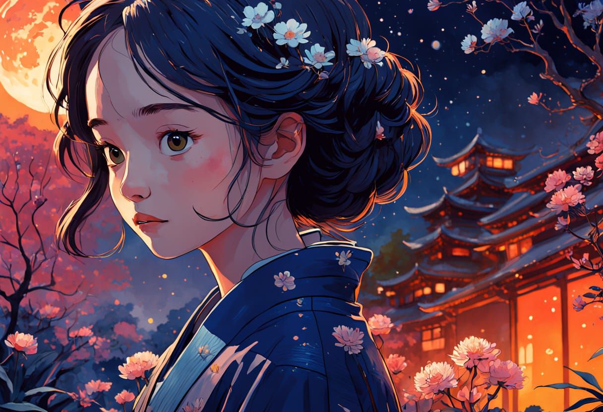 Whimsical Sci-Fi Fantasy Garden Under Starry Sunset