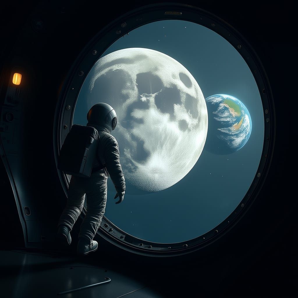 Astronaut Gazes at Earth from Spaceship