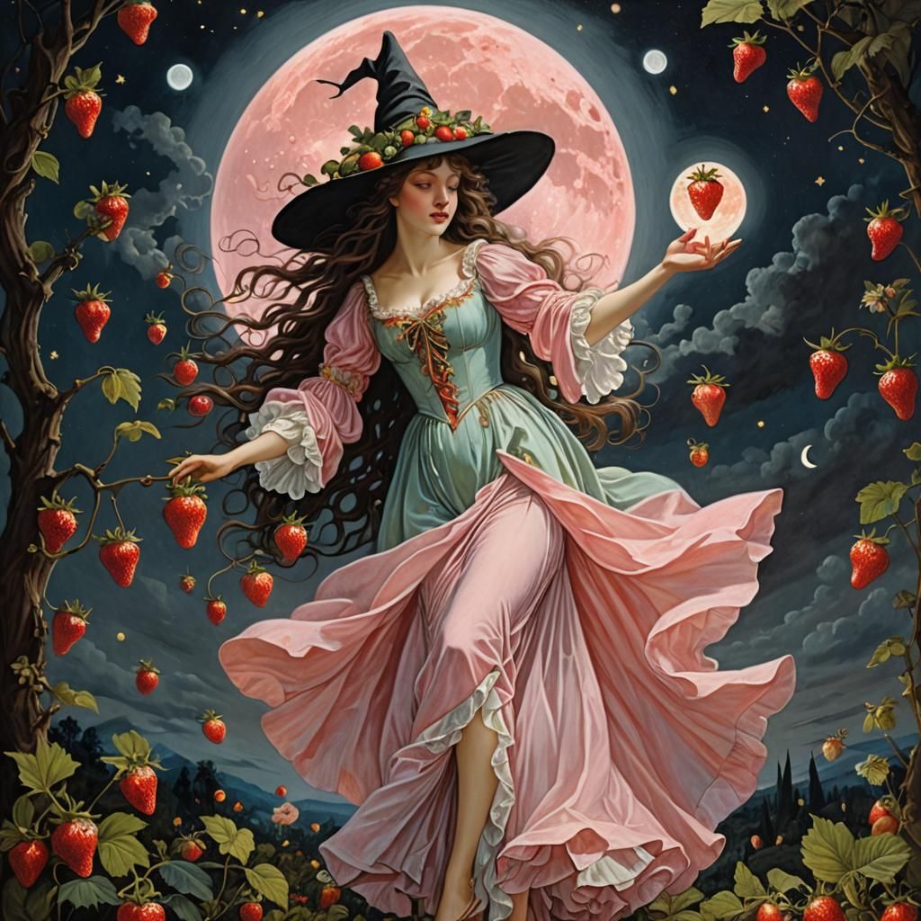 Pastel Witch Dancing Beneath Strawberry Moon: Mystical Art