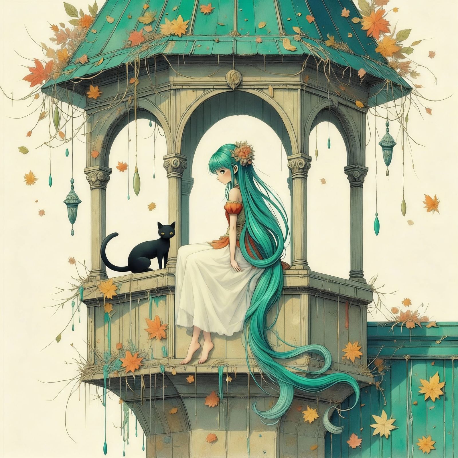 Anime Princess with Teal Hair and Cat on Turret