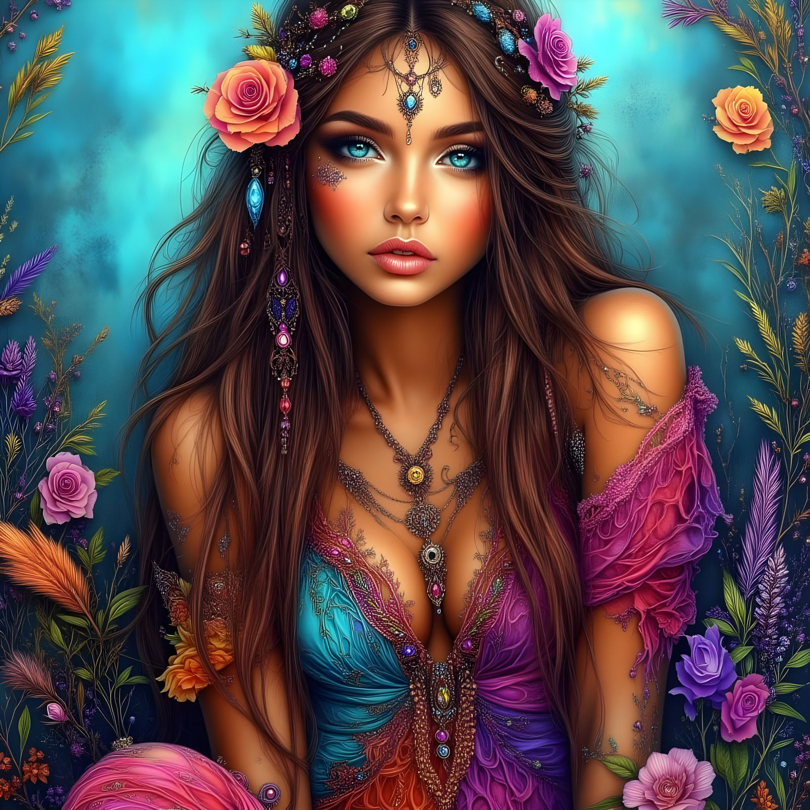Bohemian Woman in Colorful Dress with Expressive Makeup