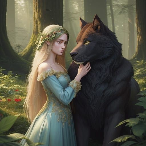 Elegant Maiden Tenderly Interacts with Majestic Beast in Ser...