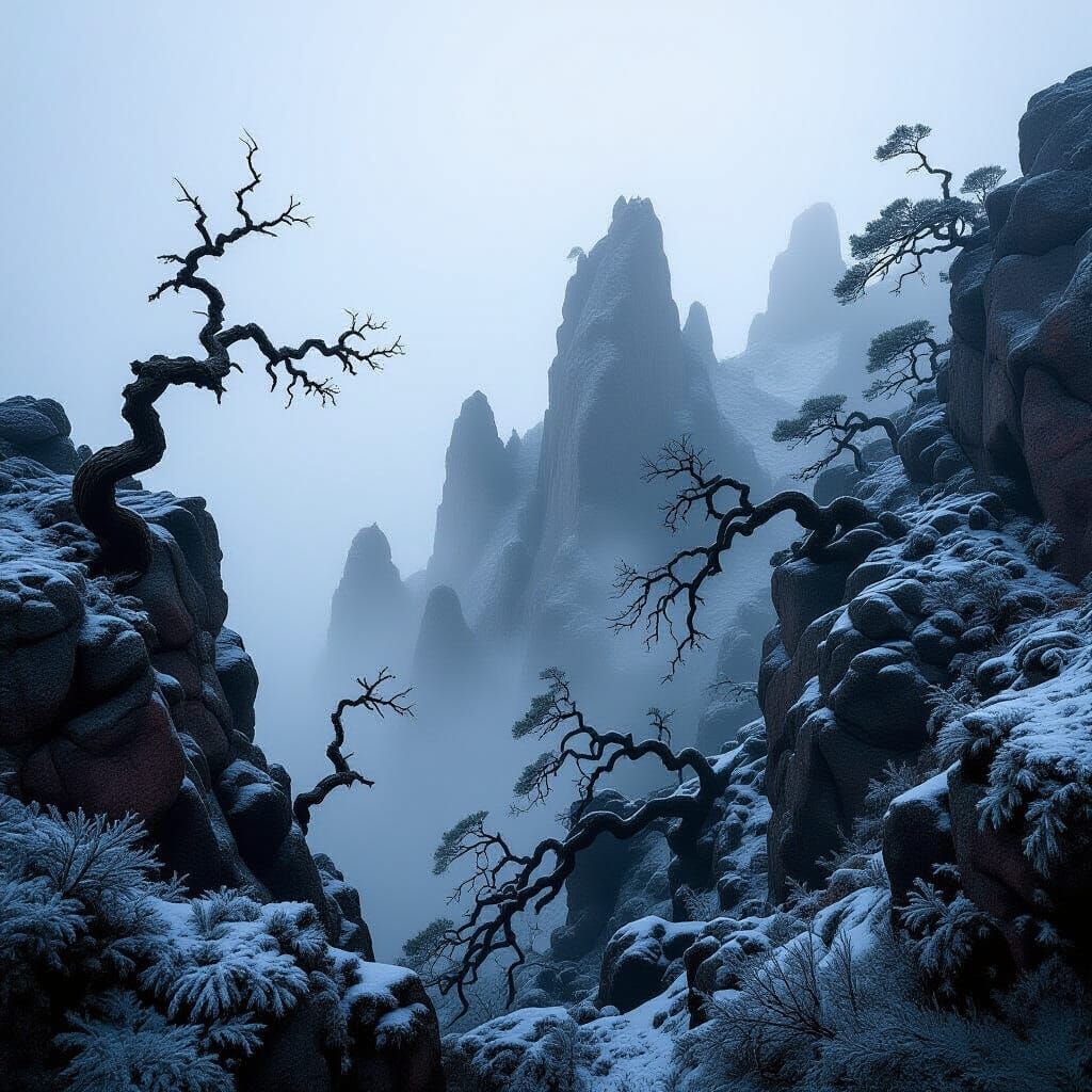 Jagged Peaks and Gnarled Trees in Velvet Fog