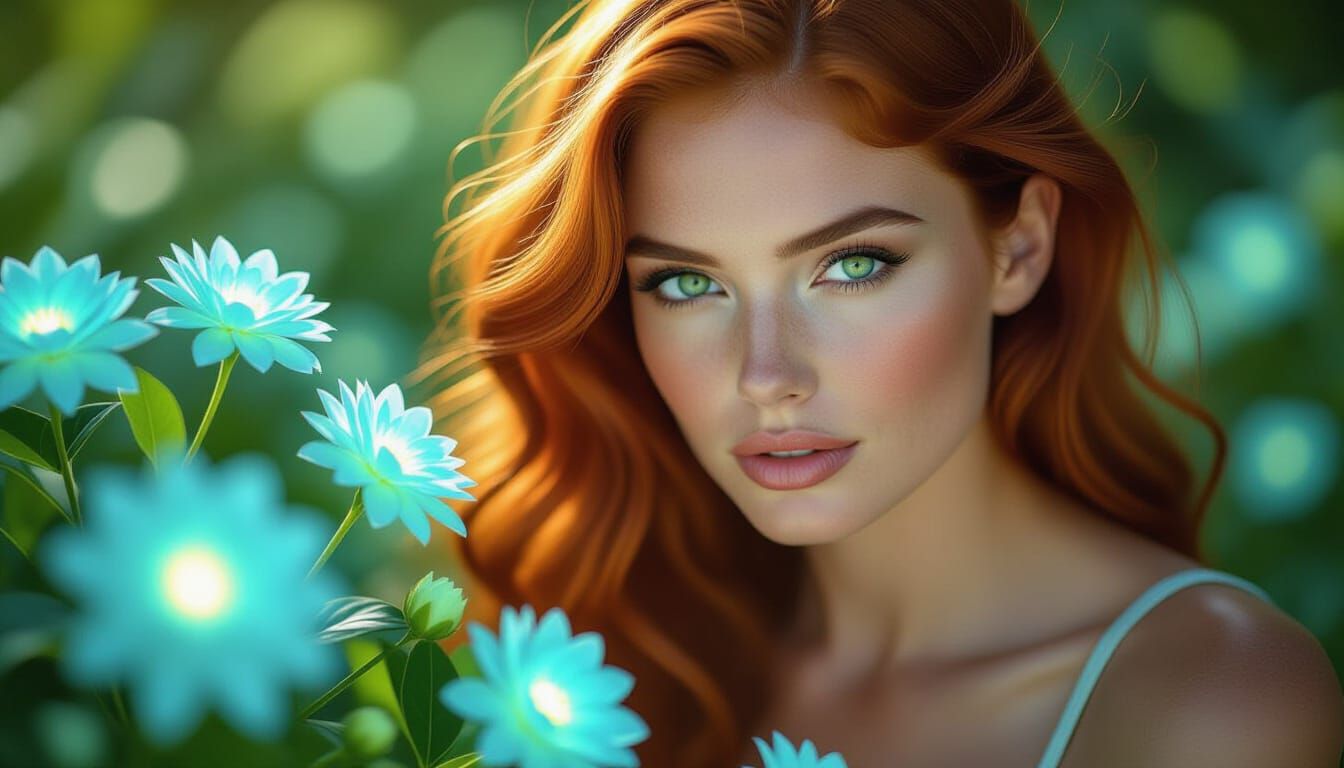 Vibrant Redhead Tends Bioluminescent Garden