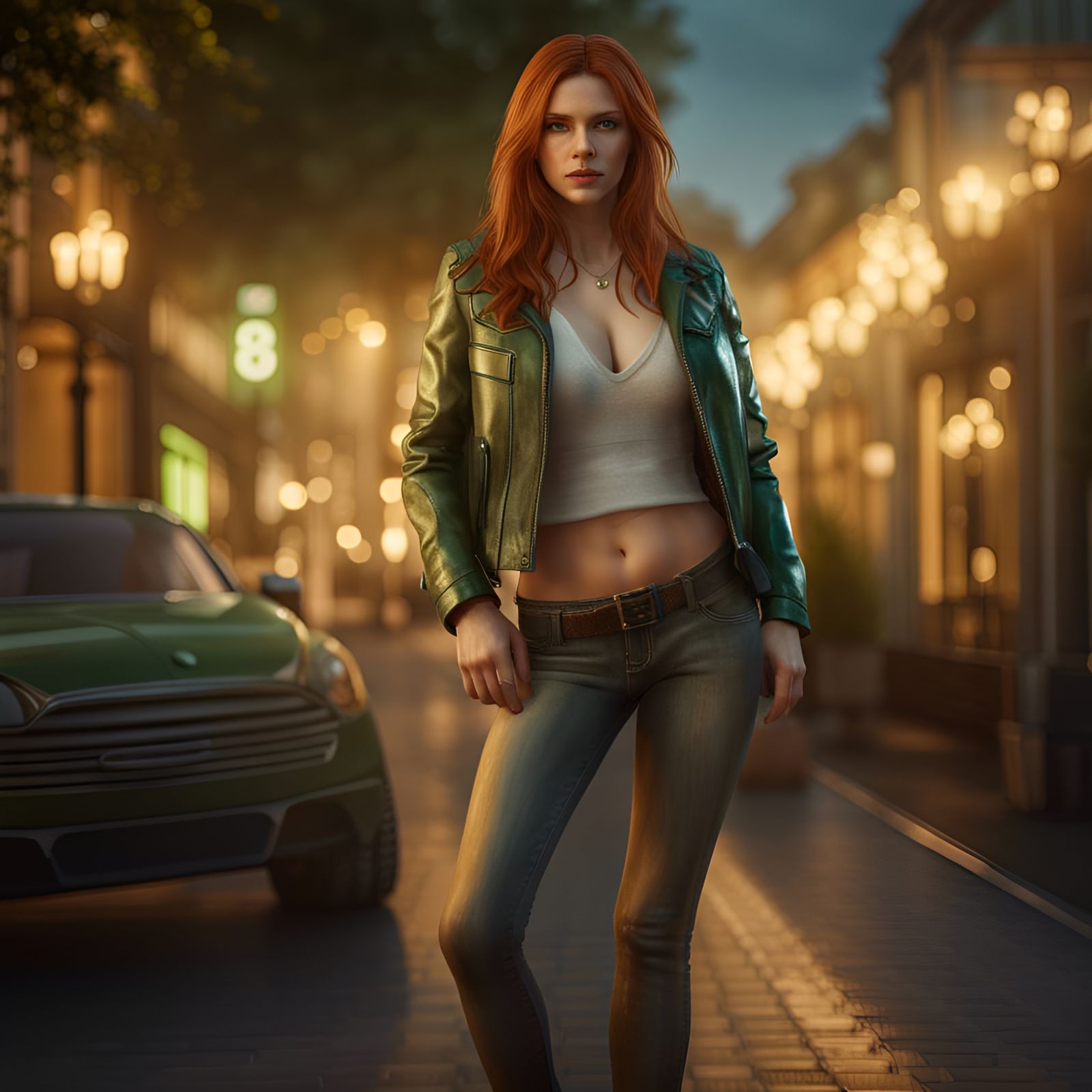 Beautiful Auburn-Haired Woman in Leather Jacket Portrait