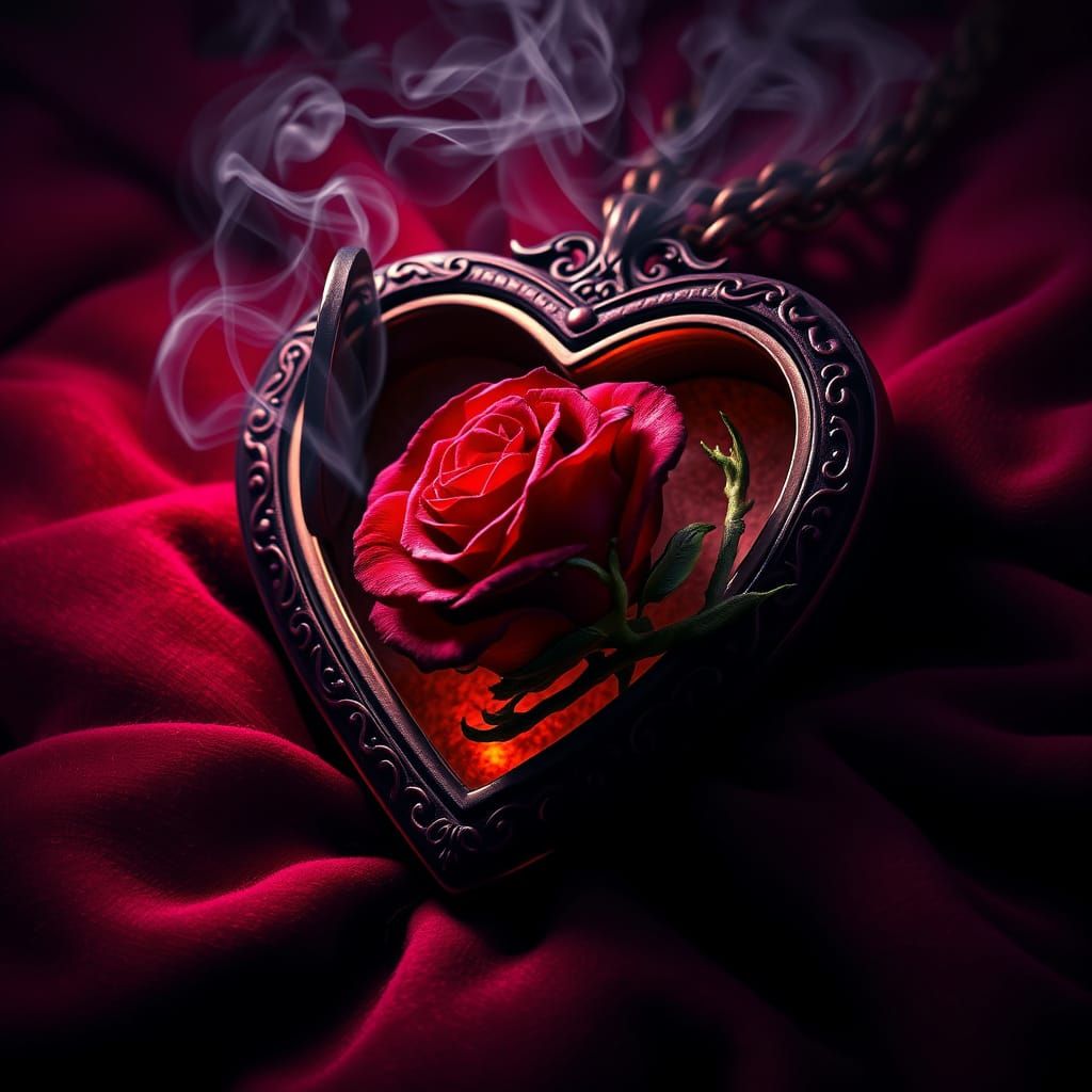 Cracked Heart Locket With Dark Smoke and Rose