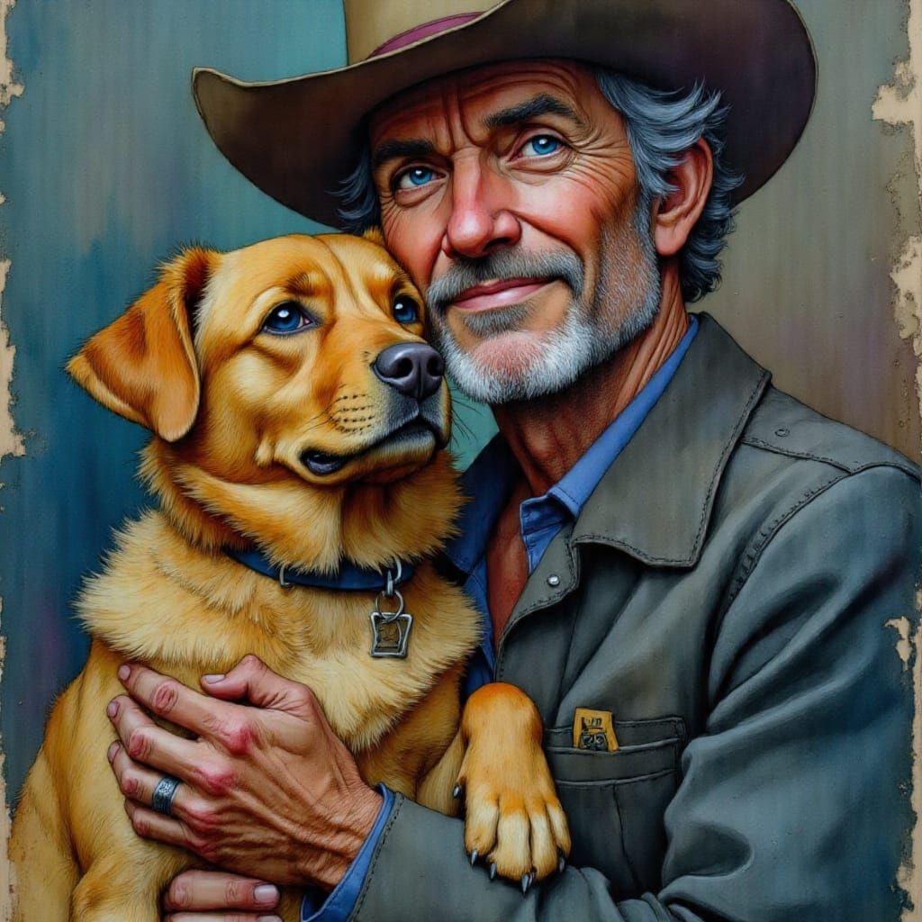 Happy Old Man Hugging Dog as Gouache and Watercolour