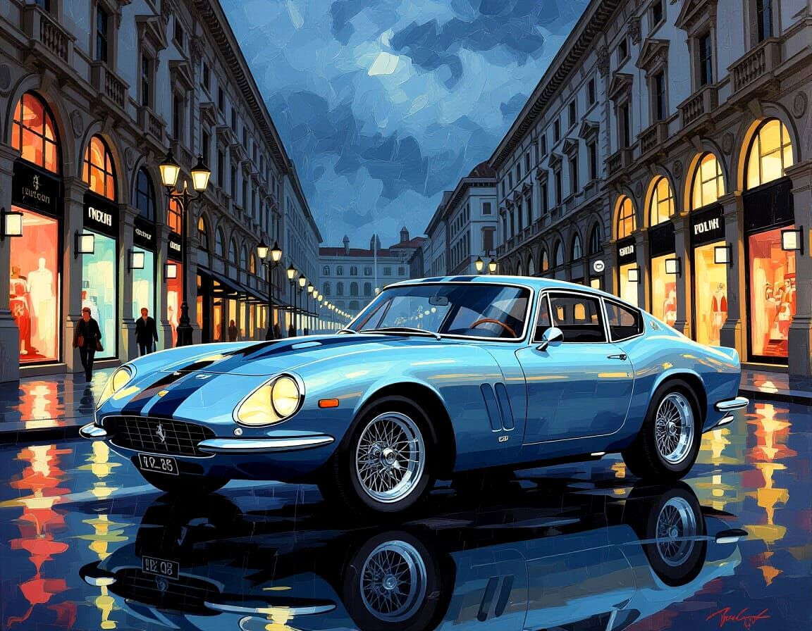 1960s Inspired Silver Sports Car in Rainy Milan Night