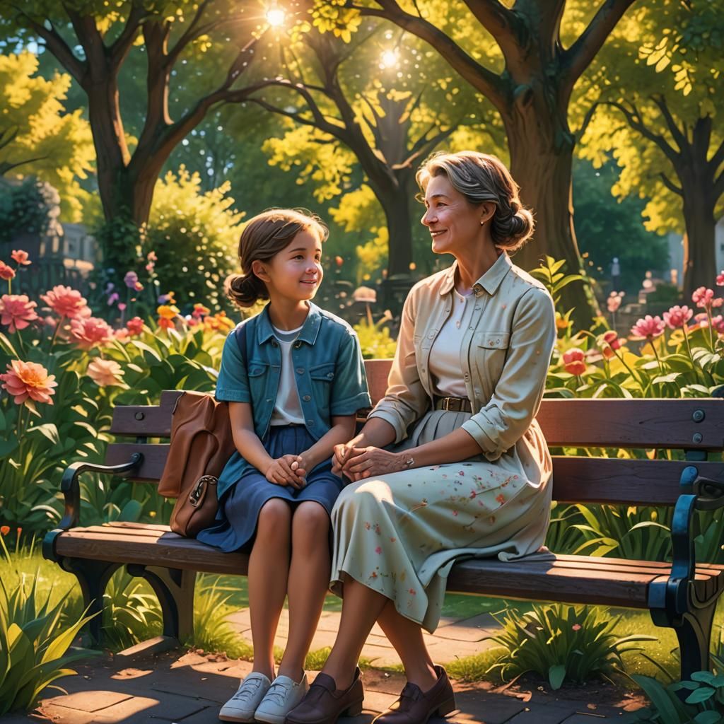 Mother and Daughter in Sun-Drenched Garden as Digital Art
