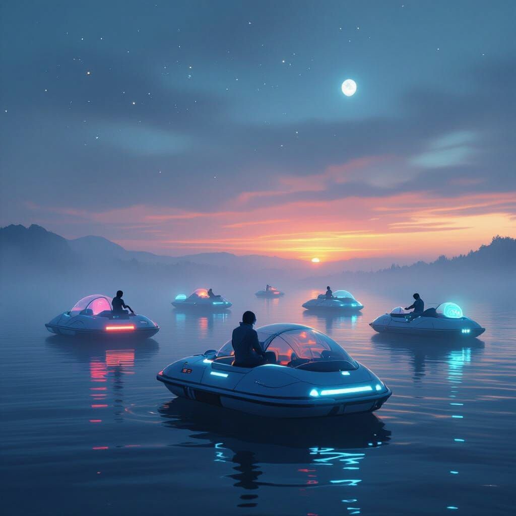 Futuristic Floating Pods at Sunset in Digital Art Style