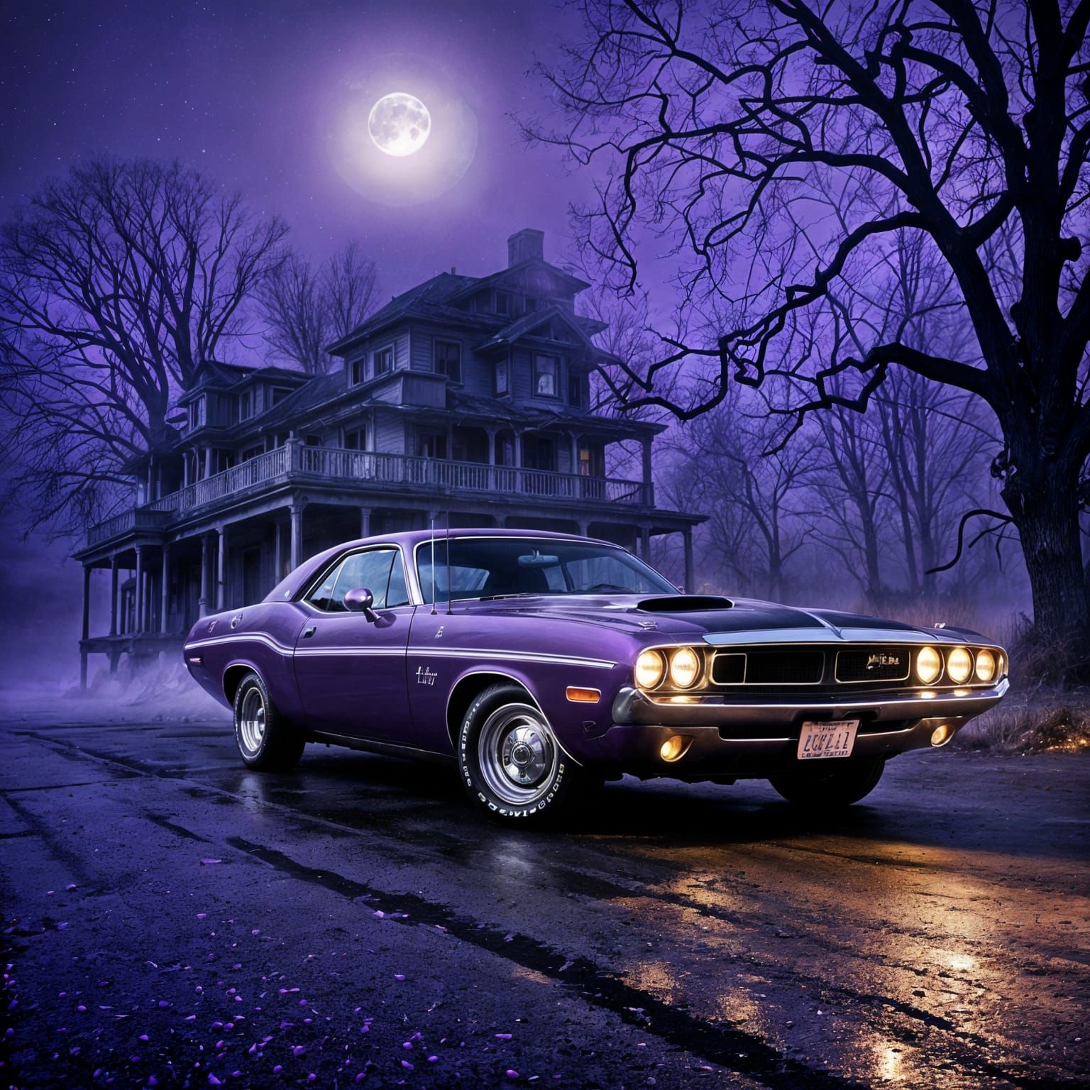 Purple 1970 Dodge Challenger at Bates Motel