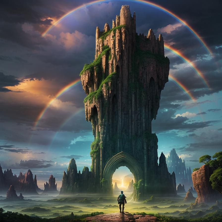 Explorer at Stone Gateway to Mystical World