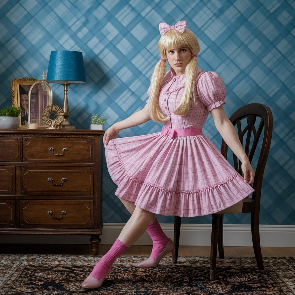 Blonde Man Crossdresses in Pink Plaid Mini Dress