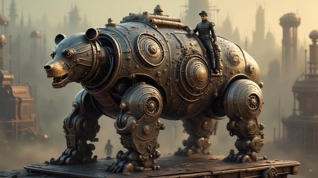 Steampunk Robotic Bear Portrait with Woman Rider