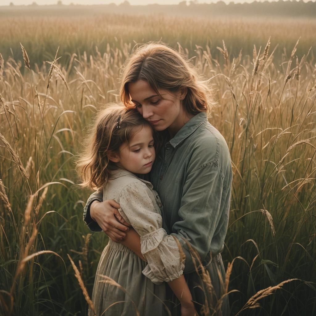 Mother and Child Embrace in Misty Golden Light