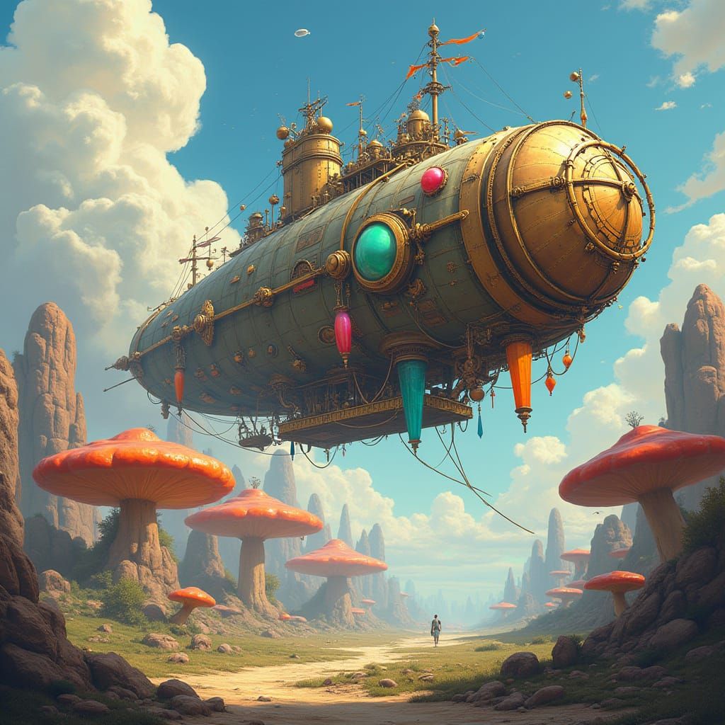 Steampunk Airship Drifting Through Alien Mushroom Valley